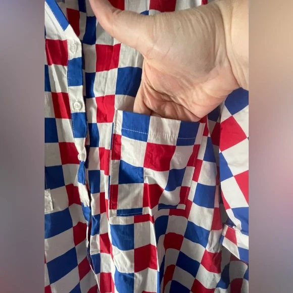 EUC FANTASTIC FAWN RED/WHITE/BLUE CHECKERED ALINE 33” LONG DRESS - LADIES SIZE L - Picture 4 of 5